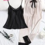 بيجامة ستان مخططة بالدانتيل - 0133