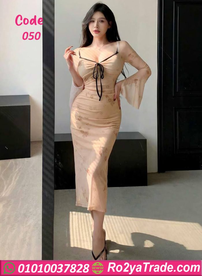 فستان طويل بأكمام جذابة - كود 050
