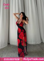 ⁦فستان طويل مورد بألوان جريئة - كود 053⁩ - الصورة ⁦5⁩