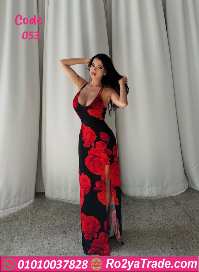 ⁦فستان طويل مورد بألوان جريئة - كود 053⁩ - الصورة ⁦5⁩