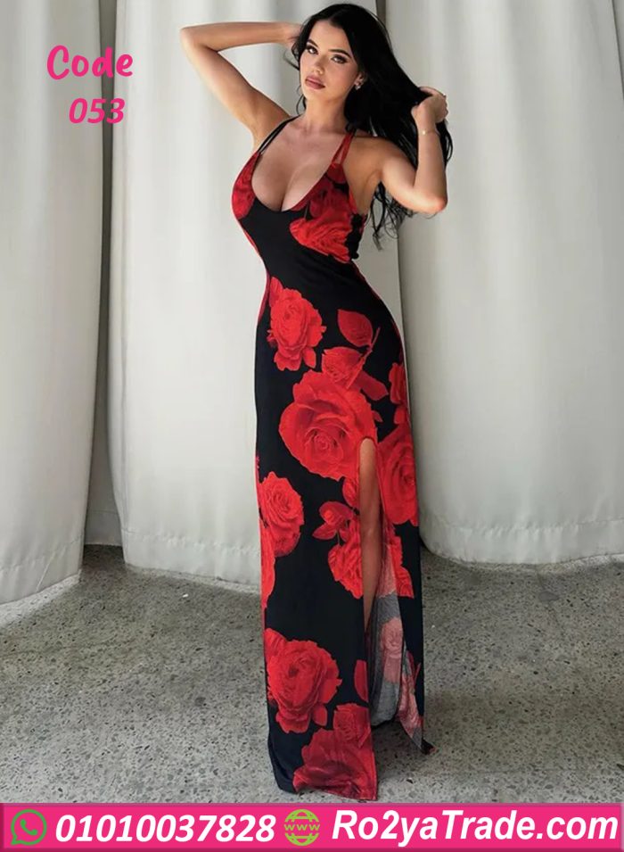 ⁦فستان طويل مورد بألوان جريئة - كود 053⁩ - الصورة ⁦8⁩