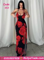⁦فستان طويل مورد بألوان جريئة - كود 053⁩ - الصورة ⁦2⁩