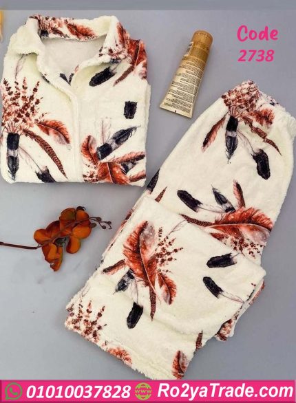 طقم شتوي فرو برسمة ريش - كود 2738