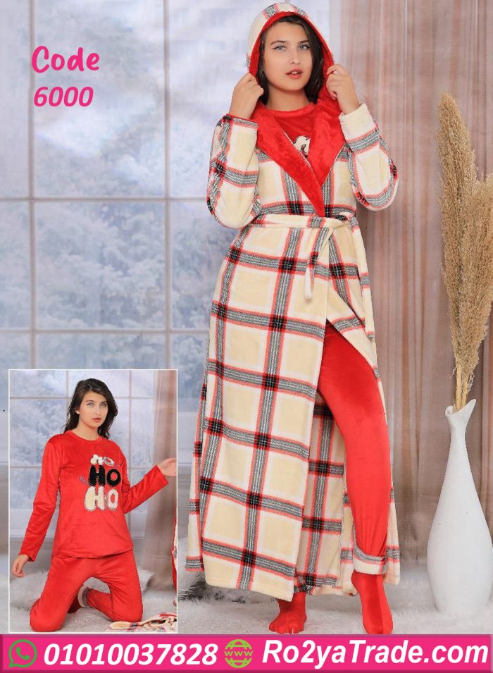 طقم شتوي كاروهات مع روب - كود 6000
