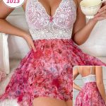 قميص نوم قصير بنقشة زهور - كود 1013