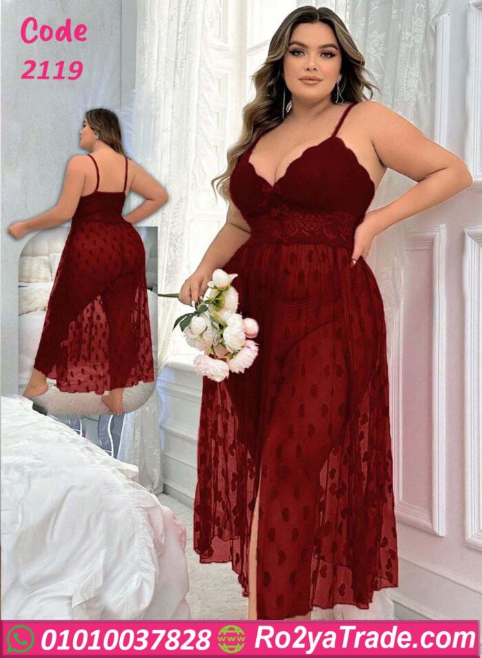 لانجري بيج سايز طويل شبكي مزين بقلوب - كود 2119