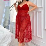 لانجري بيج سايز طويل شبكي مزين بقلوب - كود 2119