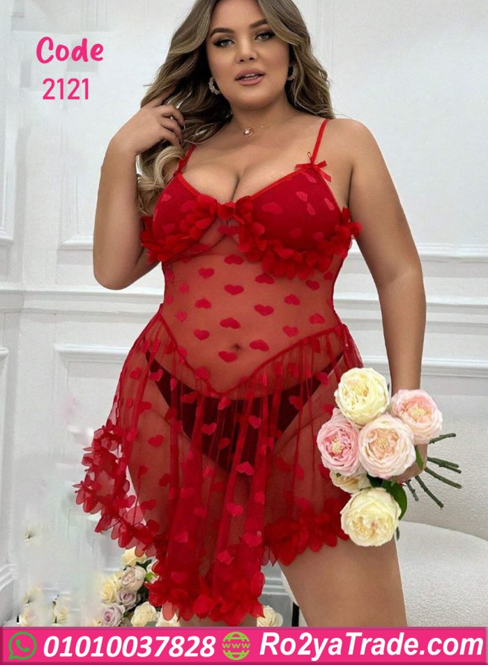 ⁦لانجري بيج سايز شبكي مزين بالقلوب - كود 2121⁩ - الصورة ⁦1⁩
