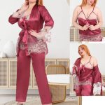 بيجامة ستان مخططة بالدانتيل - 731