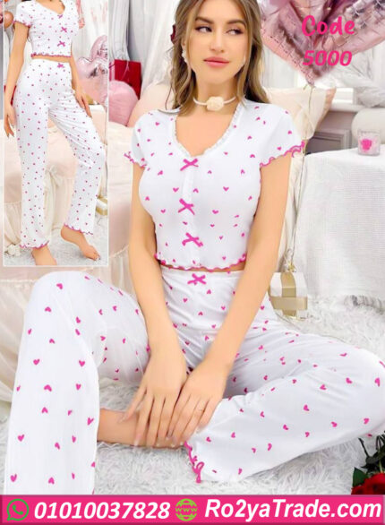 بيجامة نسائي مخططة بقلوب رقيقة - كود 5000