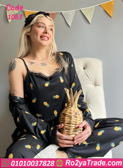 بيجامه قطن حريمي 3 قطع اناناس - كود 1063