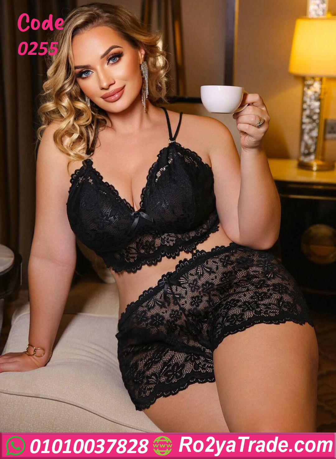 0255-3 طقم دانتيل أسود قصير