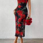 دريس طويل صيفي أسود بورود حمراء