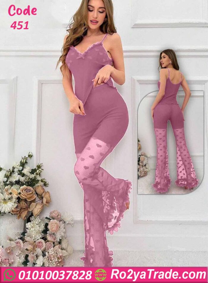 بيجامة حريمي ناعمة بنطلون شيفون قلوب