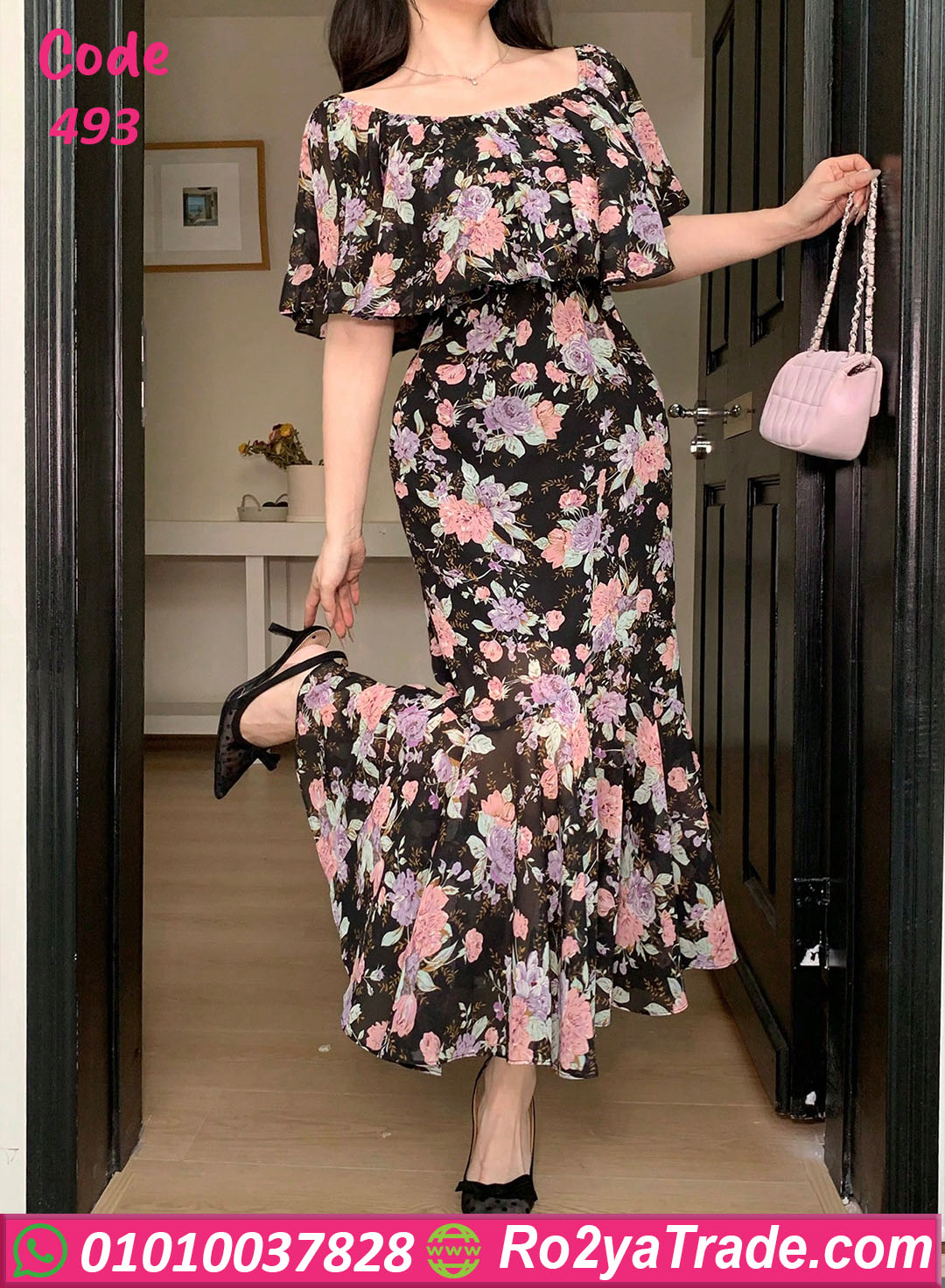 493-5 دريس ورد شيفون طويل