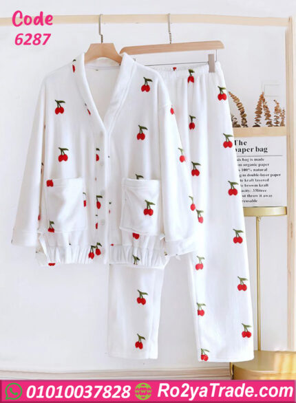بيجامة كرز قطيفة شتوي نسائية