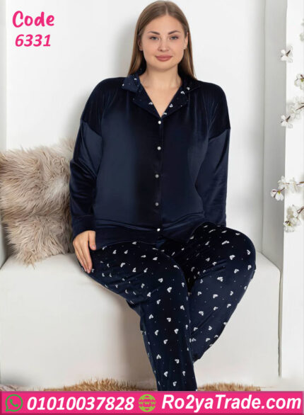 بيجامة قطيفة شتوي كحلي نسائي