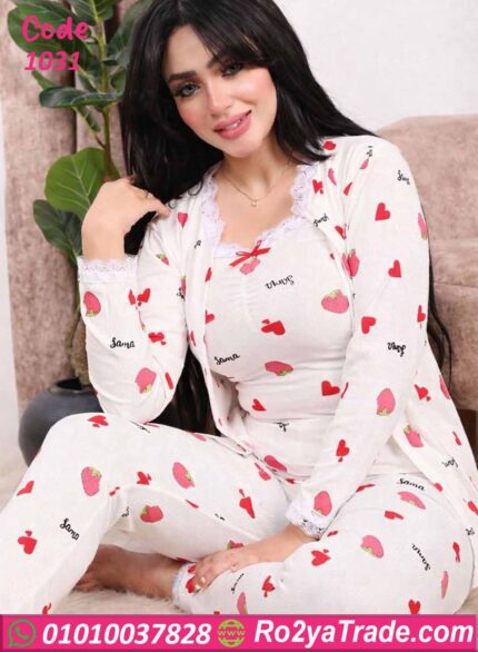 بيجامة حريمي صيفي 3 قطع فراولة