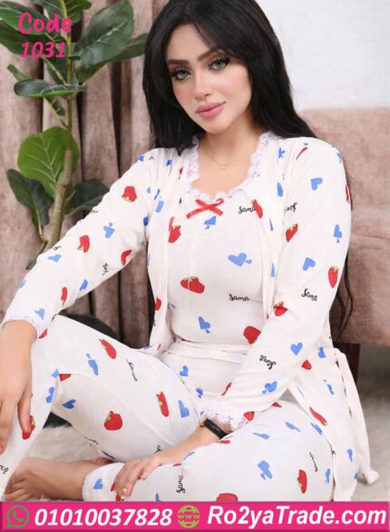 بيجامة حريمي صيفي 3 قطع فراولة
