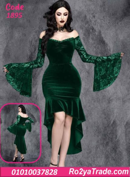 فستان شتوي طويل مخمل دانتيل