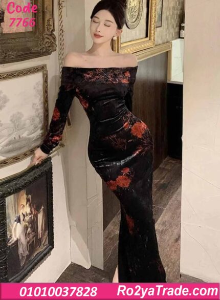 فستان شتوي طويل قطيفة أوف شولدر