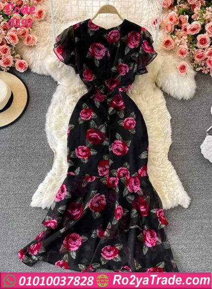 فستان صيفي طويل بنقشة ورد