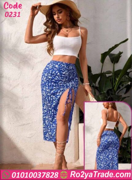 طقم ميني جيب صيفي بنقشة ورد مع توب قصير