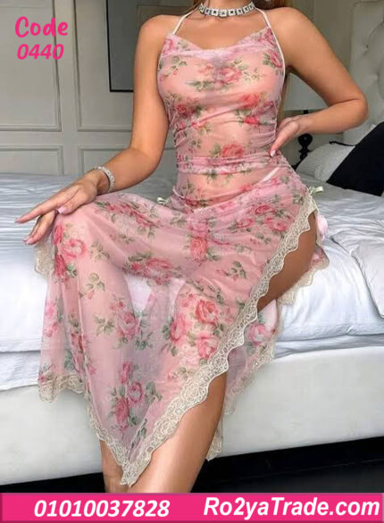 لانجري طويل شيفون وردي