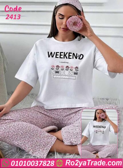 بيجامة حريمي صيفي قطن كود 2413