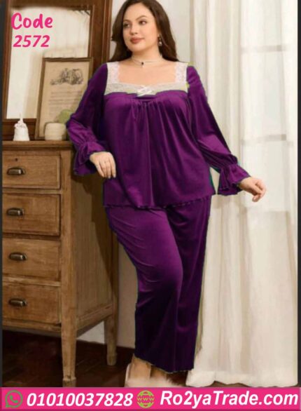 بيجامة حريمي قطيفة شتوي بيج سايز بنفسجي