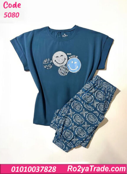 بيجامة صيفي حريمي قطن بطبعة سمايلي