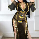 بدلة رقص شرقي شبك بتصميم العيون والخرز الذهبي – كود 6614